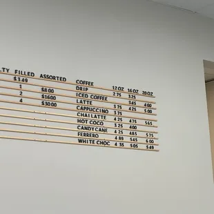 a list of coffees on a wall