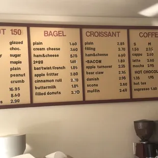 a menu on the wall