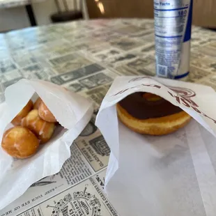 Donut holes &amp; choco donut while waiting for the #4. Ham &amp; Cheese!