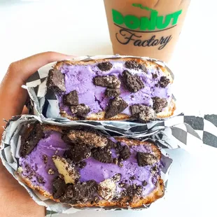 Donut Ice Cream Sandwich: Ube Ice Cream topped with Oreos; Caramel Iced Latte