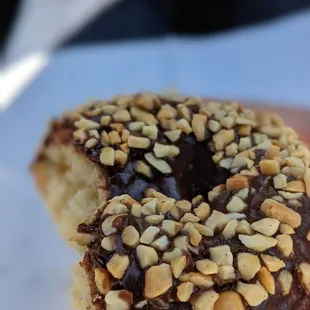 a hand holding a chocolate covered donut