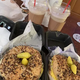 Blended coffees, everything bagel bacon egg and cheese breakfast sandwiches