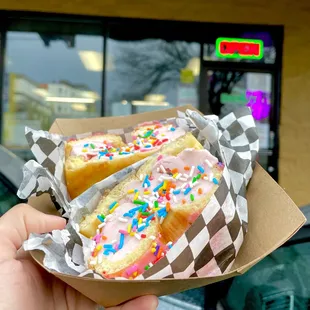 Ice Cream Sandwich  Donuts: Strawberry Rainbow Sprinkle Cake  Ice Cream: Strawberry Toppings: Rainbow Sprinkle