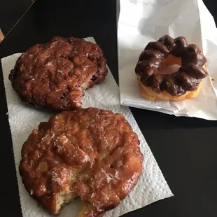 Blueberry fritter, Apple fritter, chocolate French cruller