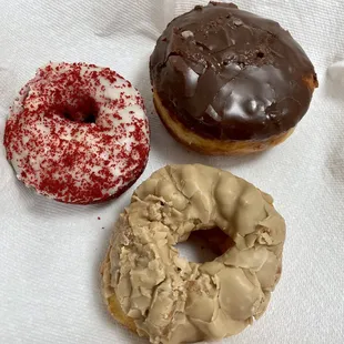 Red velvet, chocolate custard filled &amp; maple crueler (Smooshed inside the bag)
