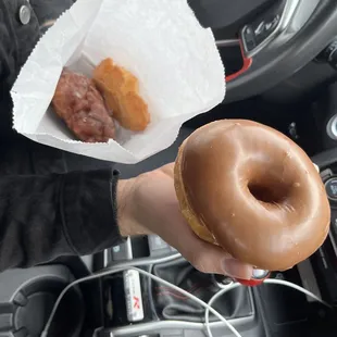 Gorgeous chocolate donut. Apple fritter a plain old fashion in the bag. Soooo good!