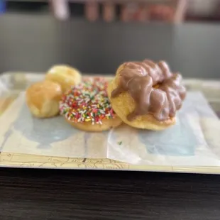 Chocolate French Cruller, Chocolate with Rainbow Sprinkles Cake, donut holes