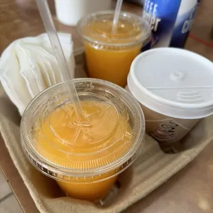 Two orange juice ! And a small hot chocolate love love love it!!