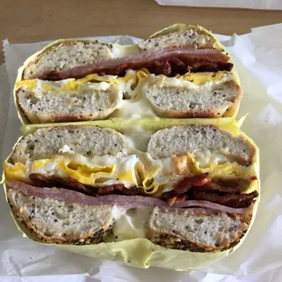 Ham, Cheese, Bacon and Egg on an Everything Bagel!