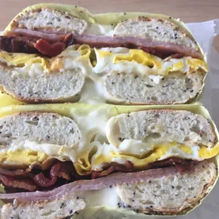 Ham cheese bacon egg bagel