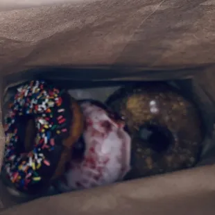 I snagged chocolate sprinkles, red velvet, &amp; maple crescent donut