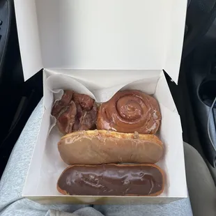 Cinnamon roll, Maple Bacon Donut, Chocolate Bar Donut, Maple Bar