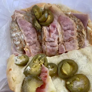 #9 Ham, Sausage, Egg, Bacon &amp; Cheese Croissant. W/no egg &amp; added jalapeños