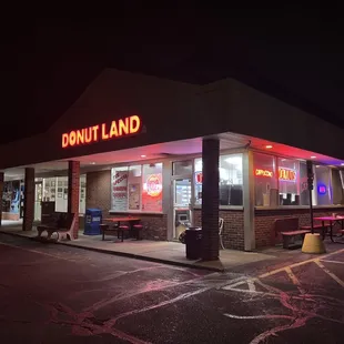 a donut shop at night