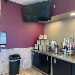 the counter area of a donut shop