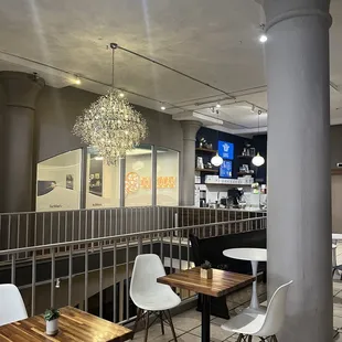 Donut monster behind the pillar! Pretty chandelier.