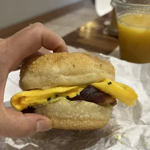 Bacon, Egg, and Cheese sandwich with avocado added (the avocado is more of a guacamole versus whole avocado slices).
