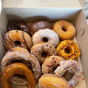 a variety of donuts in a box