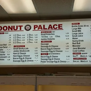 a menu on the wall