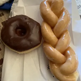 Chocolate donut and glazed twist