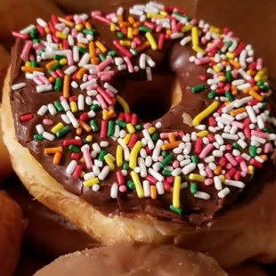 chocolate frosted donuts with sprinkles