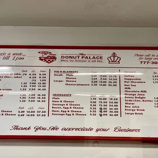 Menu - hard to get a good photo with the glare from the lights