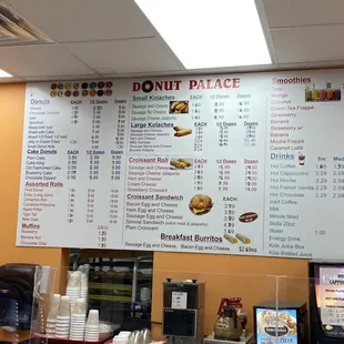 a menu on the wall