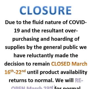 Extended Closure due to COVID-19