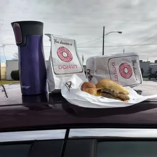 breakfast to go: coffee, kolache, donut