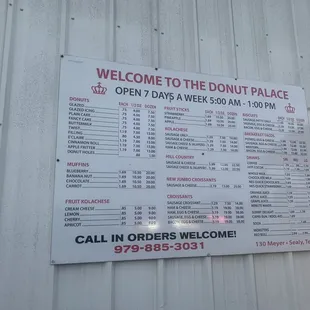 donut palace menu on the wall