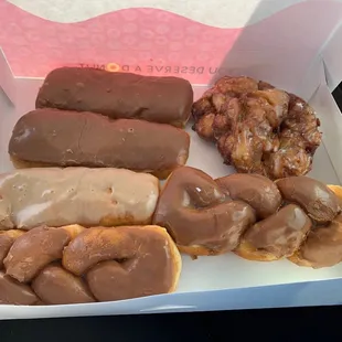 Chocolate twists, chocolate long johns, a maple long john and the to-die-for apple fritters.