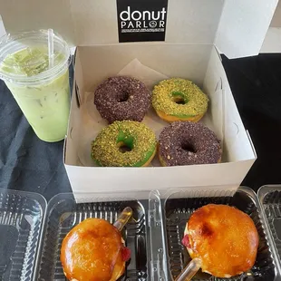 Green thai tea, Hennessey crème brulee donuts, pandan &amp; ube glazed donuts