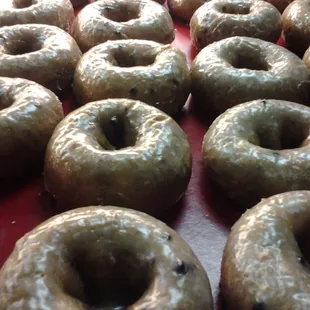 glazed donuts on a red tray