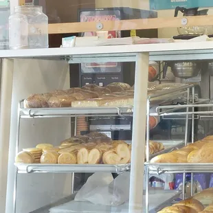 a display case of donuts
