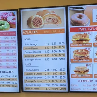 a menu for donuts and sandwiches