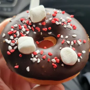 Chocolate glazed donut with marshmallows
