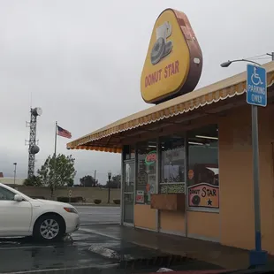 a donut shop on a rainy day