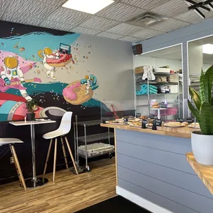 the interior of a donut shop