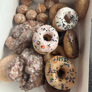 Donut Holes, cake donuts, fritters, and glazed