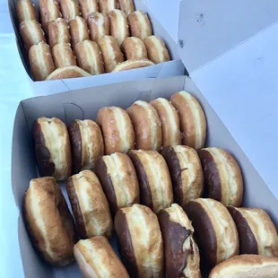 Chocolate filled donuts for the grandkids and of course me . Fresh donuts I can tell the oil is always clean .