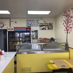 a counter and a table in a restaurant