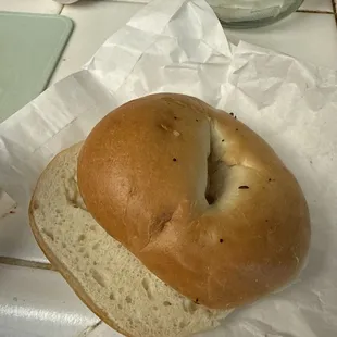 Pre cut bagel, only store bought bagels are precut.