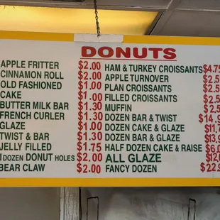 prices of donuts and other items