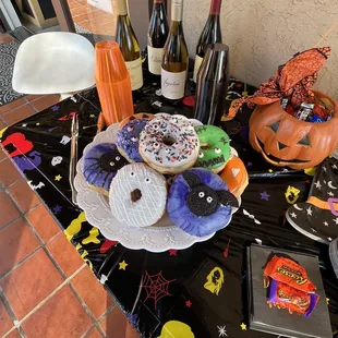 donuts and wine on a table