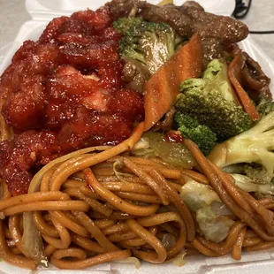 Chow mein, spicy orange chicken, and broccoli beef