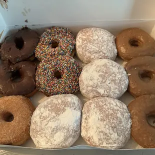 Chocolate glazed, cinnamon, chocolate with sprinkles, cream filled, jelly filled, maple.