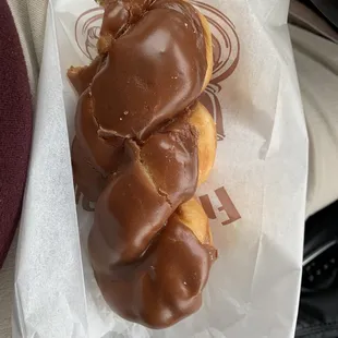 Chocolate twist, still warm. I couldn&apos;t resist a bite before taking the photo.