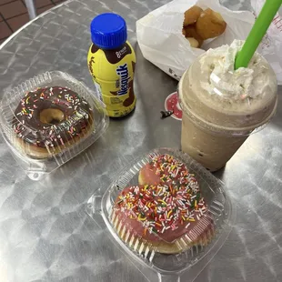 Iced blended coffee and donuts