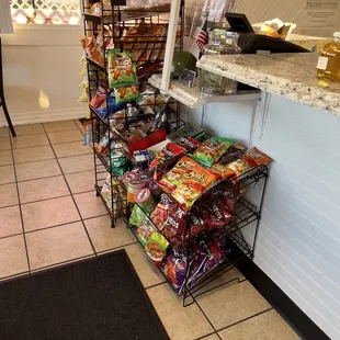 a display of donuts and chips