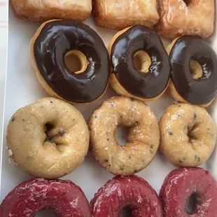 Cronuts, chocolate glazed, blueberry, red velvet